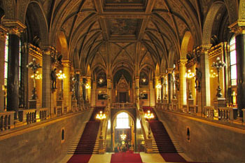 The main staircas eof the Hungarian Parliament with red carpet