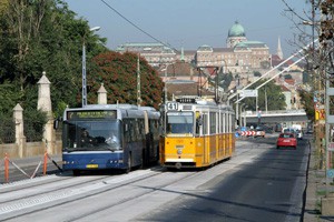 a yellow tram and a blue bus in Budapest