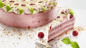 a whole raspberry cake and a slice from, a raspberry and a dessert fork placed next to them