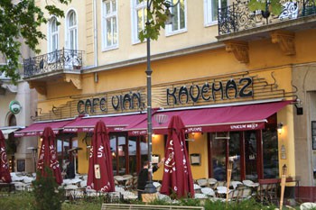 Cafe Vian's terrace with wine red tents