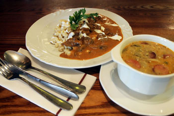 a ragout soup in a white bowl, veal paprikash with noodles on a white plate