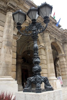 large black cast iron street lamp at the main entrance