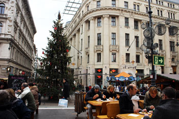 A Christmas tree on the square , beginning of Vaci utca on a grey December afternoon