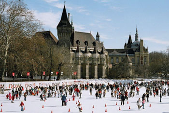 ice skaters on the City Park rink, Vajdahunyad Castle in the background