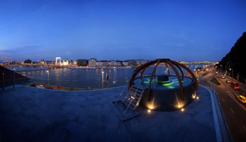view of the Pest side from the jacuzzi on topof the Rudas bath at the blue hour