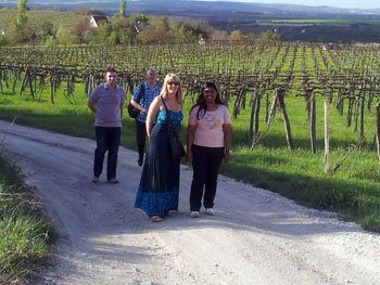 2 ladies and their husbands walking among the green hills of Etyek