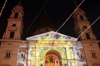 light show on the front facade of the Basilica