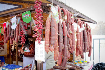 paprika sausages and salamis, strings of dried paprika