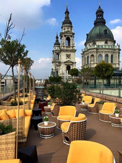 spires of St. Stephen Basilica from the rootop bar