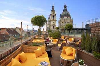 spires of St. Stephen Basilica from the rootop bar