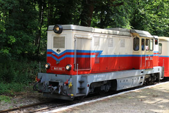 the red and white engine of the Children's railway in the Buda Hills