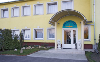 the pale yellow building of Hotel Ferihegy, front view