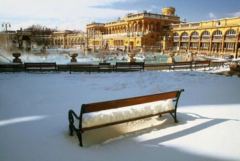  snow at the main outdoor pool and the yellow bath building