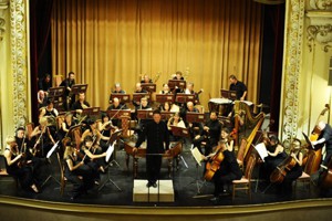 a symphony orchestra performing on stage in Danube Palace