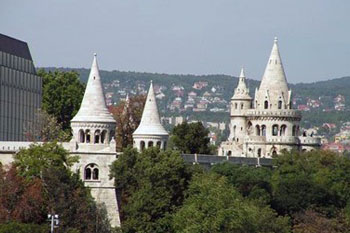 the white turrets of Fishermen's bastion and part of the Hilton Hotel on the left