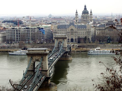 Danube with the bridges, boats and St. Stephen Basilica