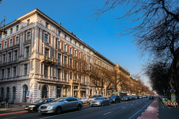 the hotel's building on busy Andrassy av., on a clear autumn day