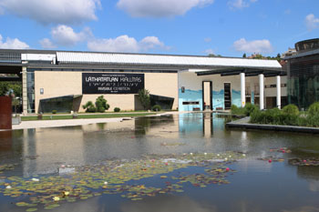 the lake in front of the building