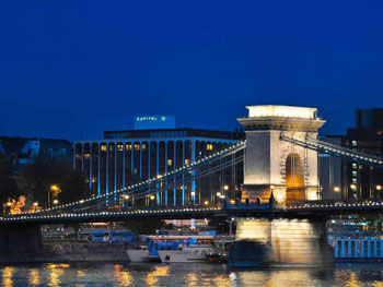 Sofitel hotel and the Chain bridge in the foreground at dusk