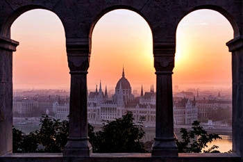 view of the Parliament from the arcade of the bastion at sunrise