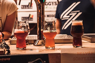 3 types of draught beer (cherry, IPA, dark) in the festival glass placed on a counter