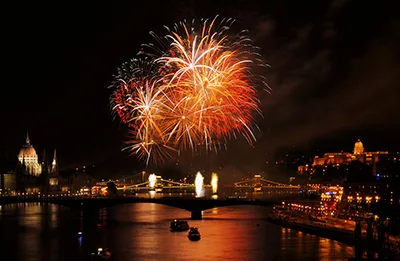 fireworks over the Danube at night