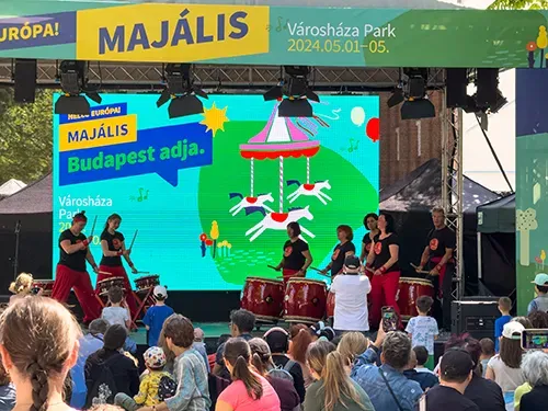 drummers performing on the stage during the May Day festival in Varoshaza park