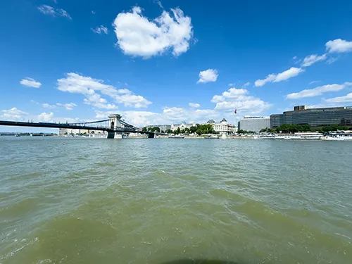 panorama view of the Chain bridge and the two banks of the Danube, from a deck of cruise ship