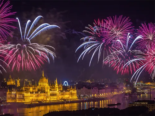 Colorful fireworks show over the Danube at the Parliament